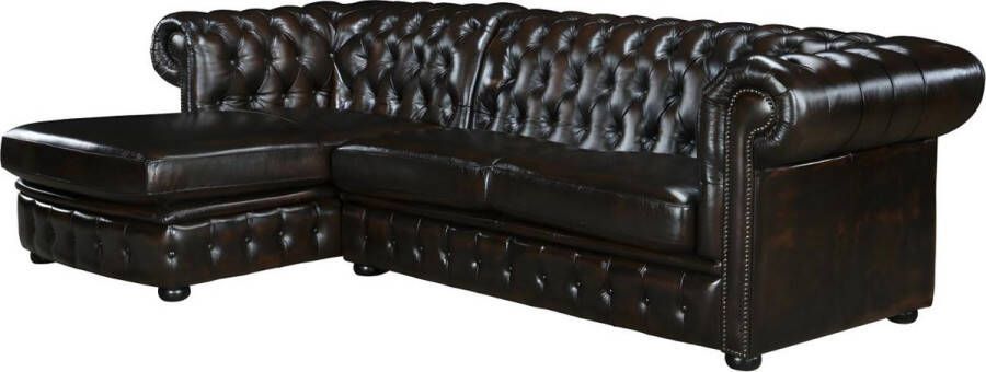 LINEA SOFA Hoekbank chestefield BRENTON 100% buffelleer Chocolade met kastanjereflecties Hoek links L 274 cm x H 82 cm x D 166 cm