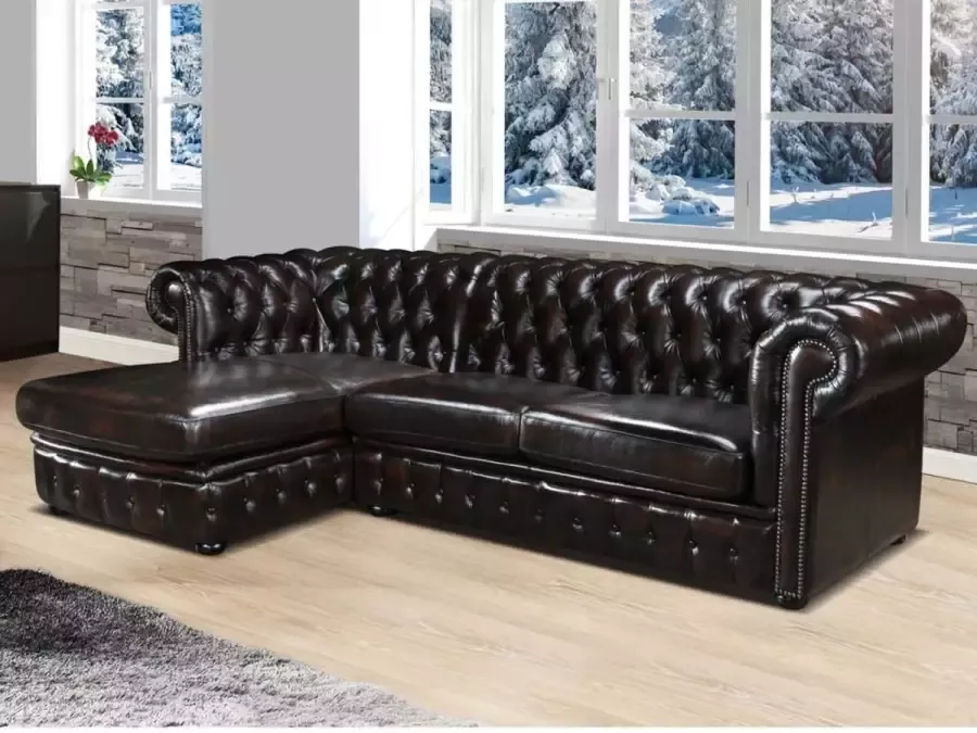 LINEA SOFA Hoekbank chestefield BRENTON 100% buffelleer Chocolade met kastanjereflecties Hoek links L 274 cm x H 82 cm x D 166 cm - Foto 2