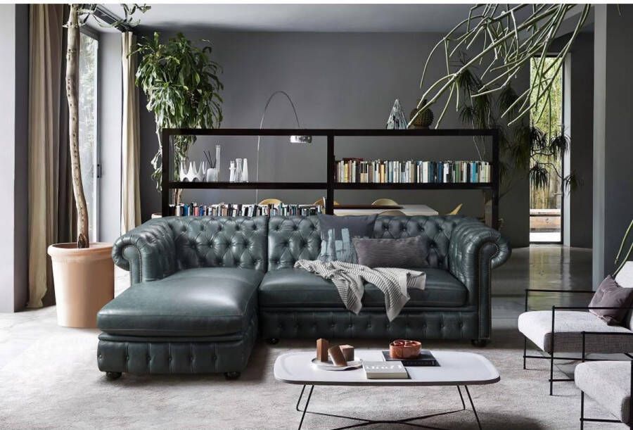 LINEA SOFA Hoekbank chesterfield BRENTON 100% buffelleer Hoek links Spaans groen L 274 cm x H 82 cm x D 166 cm