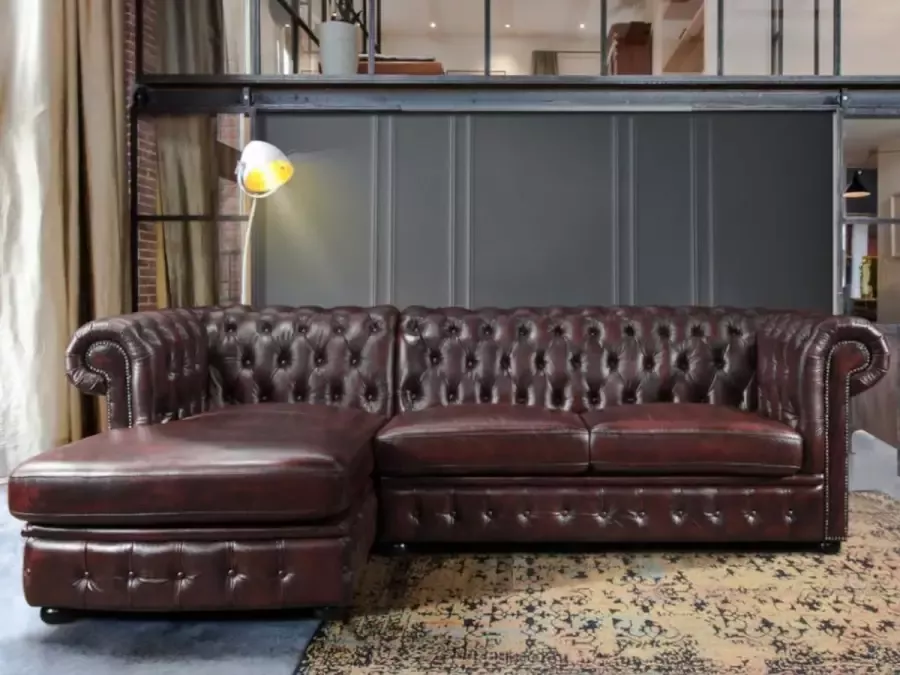 LINEA SOFA Hoekbank van 100% buffelleer Chesterfield BRENTON Kersenrood Hoek links L 274 cm x H 82 cm x D 166 cm - Foto 3