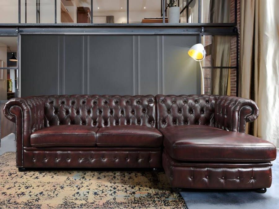 Vente-unique Hoekbank van 100% buffelleer Chesterfield BRENTON Kersenrood Hoek rechts L 274 cm x H 82 cm x D 166 cm