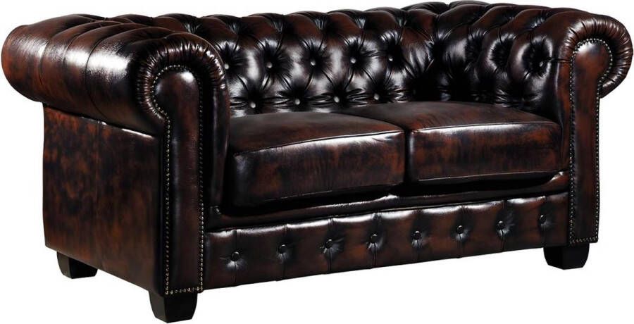 Vente-unique Tweezitsbank Chesterfield BRENTON 100% buffelleer bruin tinten L 160 cm x H 73 cm x D 96 cm - Foto 3