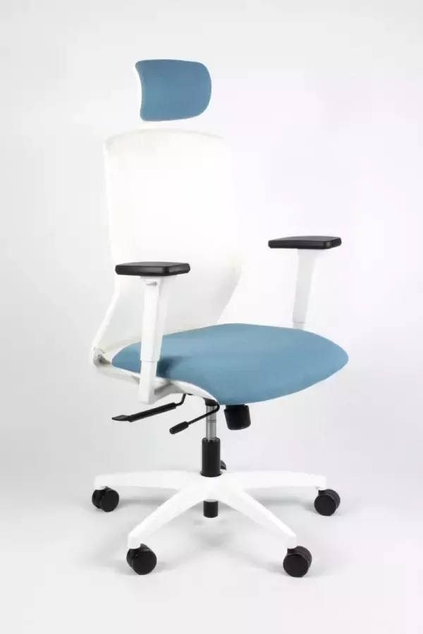 Linea Tekna White 01 PT Bureaustoel Ergonomisch EN1335 Met hoofdsteun Multi verstelbaar- Wit Blauw