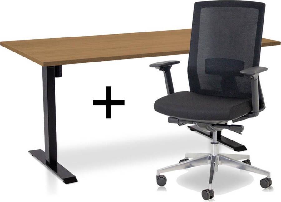 Lineaflex MRC Zit-sta bureau elektrisch verstelbaar + ERGO Bureaustoel ARBO EASY Thuiswerkset frame bureau zwart bureaublad havanna 160x80 cm