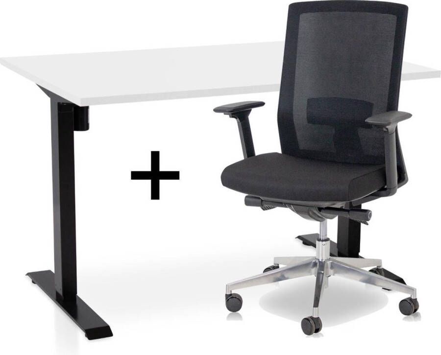 Lineaflex MRC Zit-sta bureau elektrisch verstelbaar + ERGO Bureaustoel ARBO EASY Thuiswerkset frame bureau zwart bureaublad wit 140x80 cm