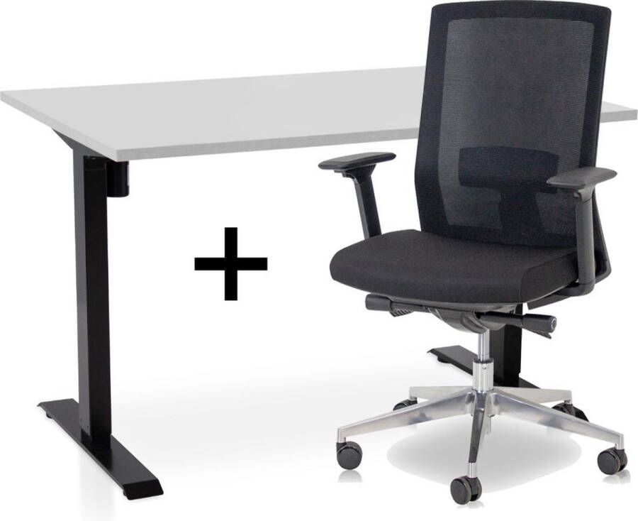Lineaflex MRC Zit-sta bureau elektrisch verstelbaar + ERGO Bureaustoel ARBO EASY Thuiswerkset frame bureau zwart bureaublad midden eiken| 160x80 cm