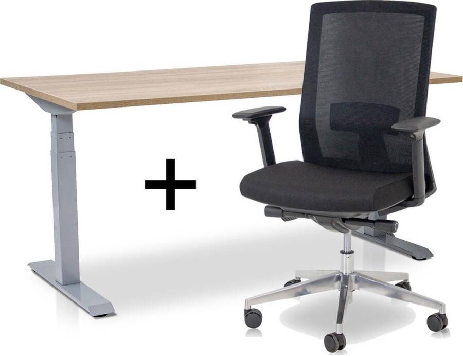 Lineaflex MRC Zit-sta bureau elektrisch verstelbaar + ERGO Bureaustoel MRC PRO NEN-EN 527 Thuiswerkset frame bureau aluminium bureaublad midden eiken| 160x80 cm