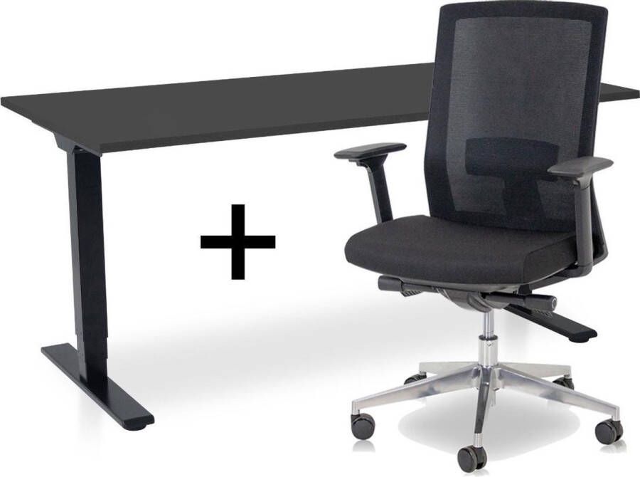 Lineaflex MRC Zit-sta bureau elektrisch verstelbaar + ERGO Bureaustoel NEN-EN 527 COMFORT Thuiswerkset frame bureau zwart bureaublad zwart 160x80 cm