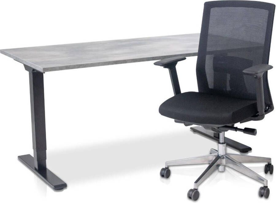 Lineaflex MRC Zit-sta bureau elektrisch verstelbaar + ERGO Bureaustoel NEN-EN 527 COMFORT Thuiswerkset frame bureau zwart bureaublad betonlook 160x80 cm