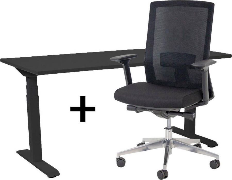 Lineaflex MRC Zit-sta bureau elektrisch verstelbaar + ERGO Bureaustoel NEN-EN 527 PRO Thuiswerkset frame bureau zwart bureaublad zwart 160x80 cm