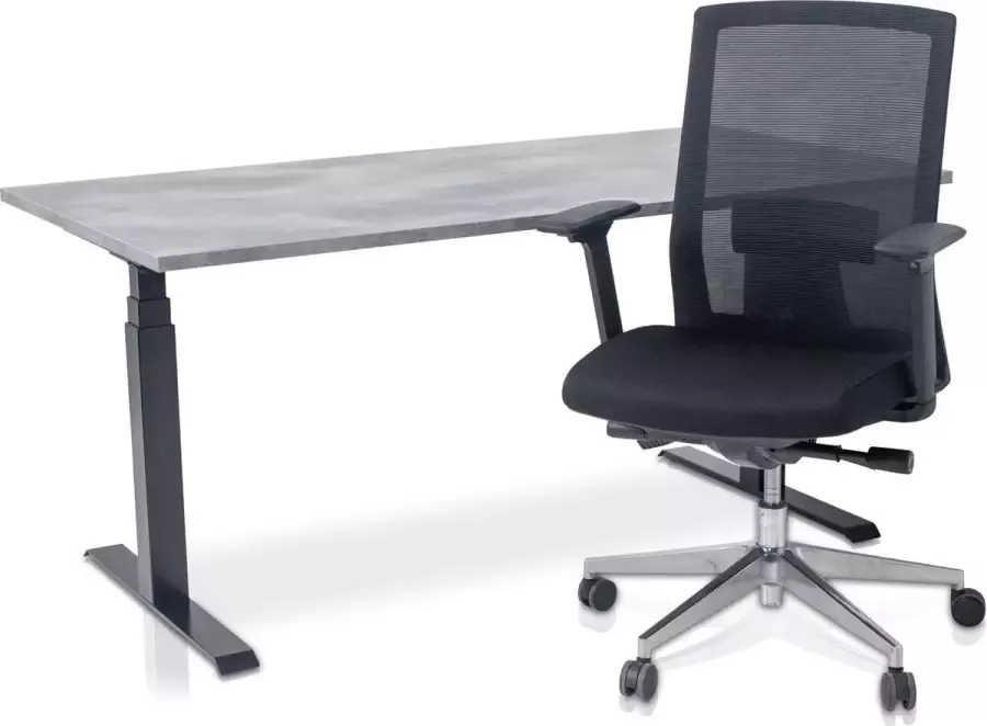 Lineaflex MRC Zit-sta bureau elektrisch verstelbaar + ERGO Bureaustoel NEN-EN 527 PRO Thuiswerkset frame bureau zwart bureaublad zwart 160x80 cm