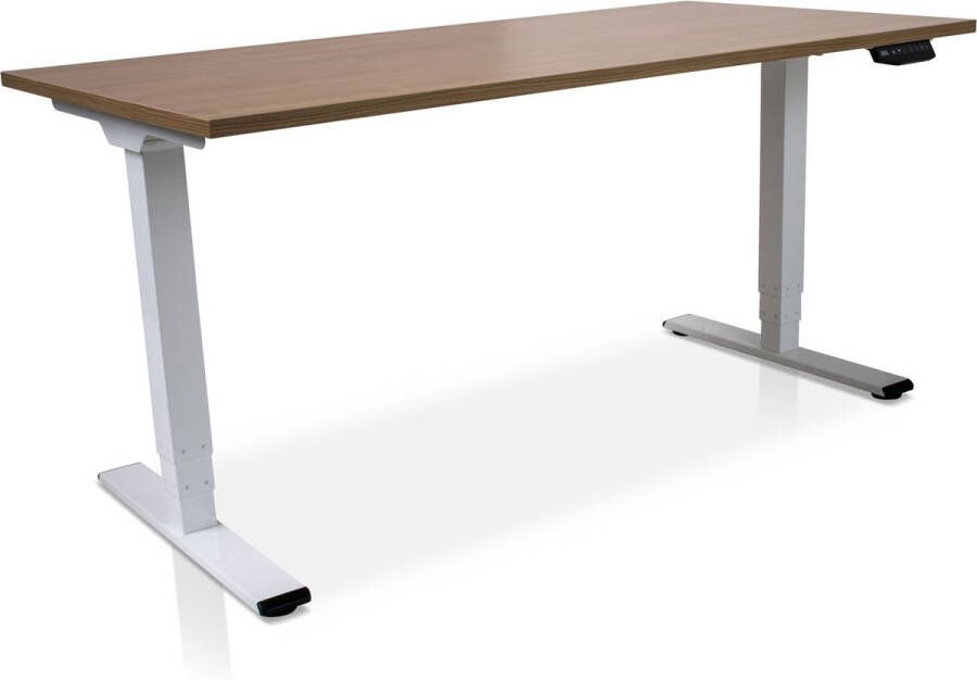 Lineaflex MRC Zit-sta bureau elektrisch verstelbaar MRC COMFORT NEN-EN 527 180 x 80 cm frame wit blad havanna 130 cm hoog 100KG draagvermogen