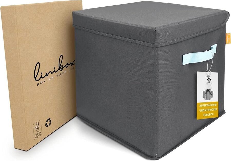 LINIBOX SitzCube Opbergbox van Gerecyclede PET Flessen Grijs met Blauw Opbergmand geschikt voor Kallax Kast Grijze Opbergdoos Extra Stevig Hocker Poef met Opbergruimte Belastbaar tot 100 KG Opbergpoef Zitbox