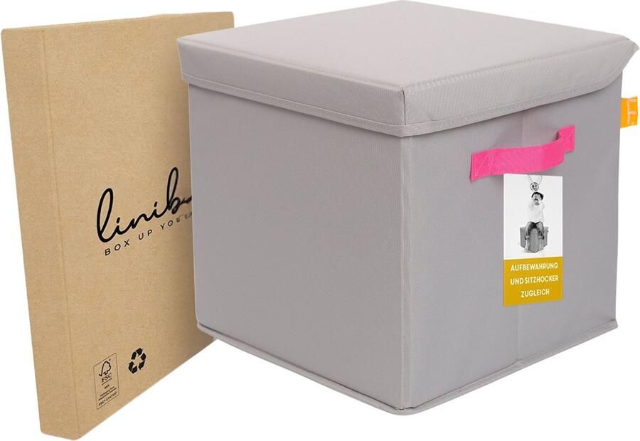 LINIBOX SitzCube Opbergbox van Gerecyclede PET Flessen Grijs met Roze Opbergmand geschikt voor Kallax Kast Grijze Opbergdoos Extra Stevig Hocker Poef met Opbergruimte Belastbaar tot 100 KG Opbergpoef Zitbox