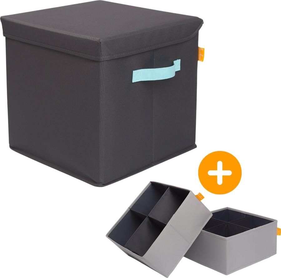 LINIBOX SitzCube Opbergbox van Gerecyclede PET Flessen met Verdeelvakken Grijs met Blauw Opbergmand met Verdelers geschikt voor Kallax Kast Grijze Opbergdoos Extra Stevig Hocker Poef met Opbergruimte Belastbaar tot 100 KG Opbergpoef