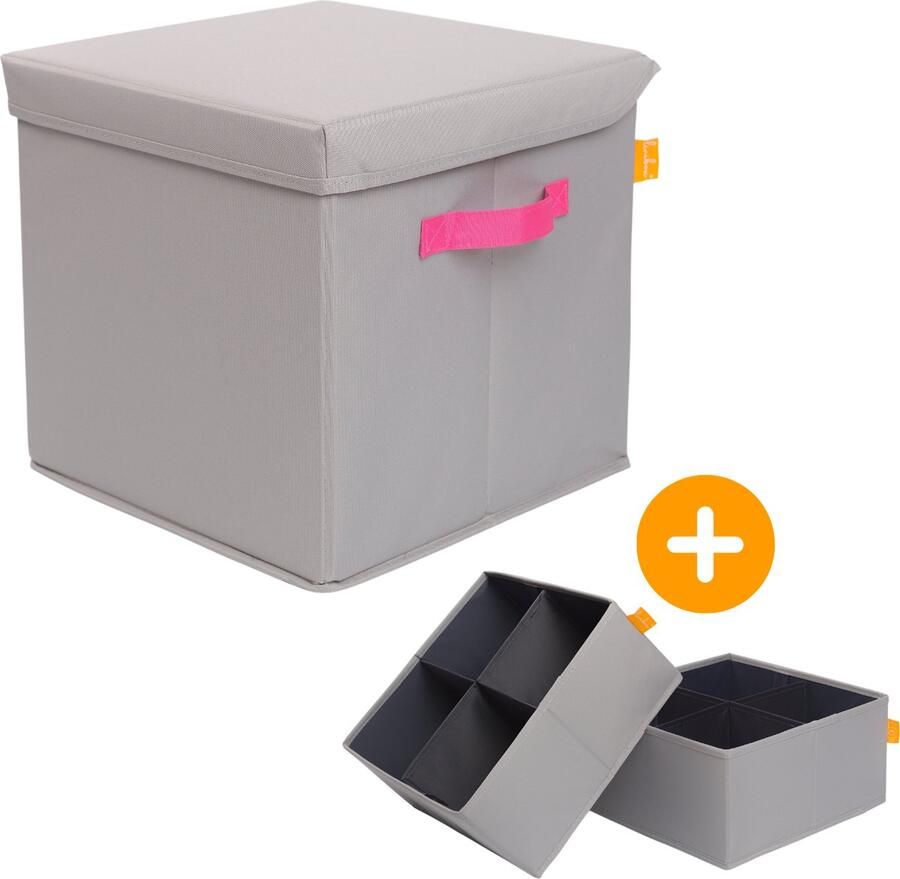 LINIBOX SitzCube Opbergbox van Gerecyclede PET Flessen met Verdeelvakken Grijs met Roze Opbergmand met Verdelers geschikt voor Kallax Kast Grijze Opbergdoos Extra Stevig Hocker Poef met Opbergruimte Belastbaar tot 100 KG Opbergpoef Zitbox