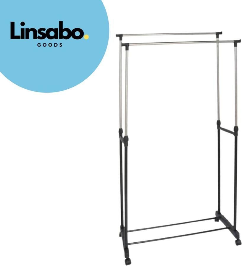 Linsabo Goods Kledingrek Dubbel 80 x 43 x 160 cm met Schoenenrek – Verstelbaar en Verrijdbaar – Staal Zwart Zilver – Met Haken en Wielen – Praktisch voor Elke Ruimte