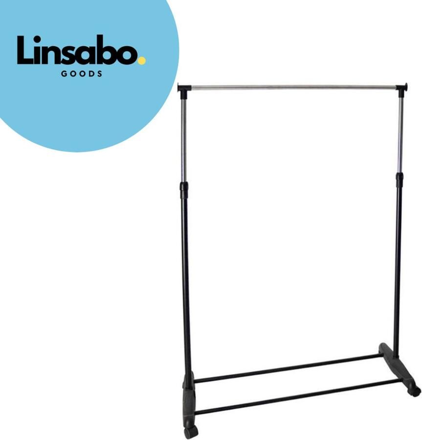 Linsabo Goods Verrijdbaar Kledingrek Enkele Stang Verstelbaar 81 x 42 x 90 160 cm Met Haken en Wielen Mobiel en Praktisch Kledingrek Zwart Zilver