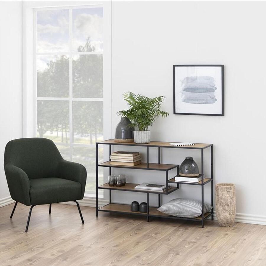 Lisomme Vic Open Kast Naturel Metalen Frame Houten Planken Asymmetrische Vakken Boekenkast Industrieel B 114 cm