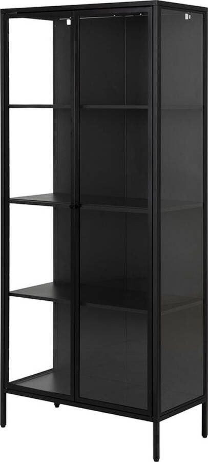 Lisomme Roy metalen vitrinekast zwart 80 x 180 cm buffetkast opbergkast glazen deuren