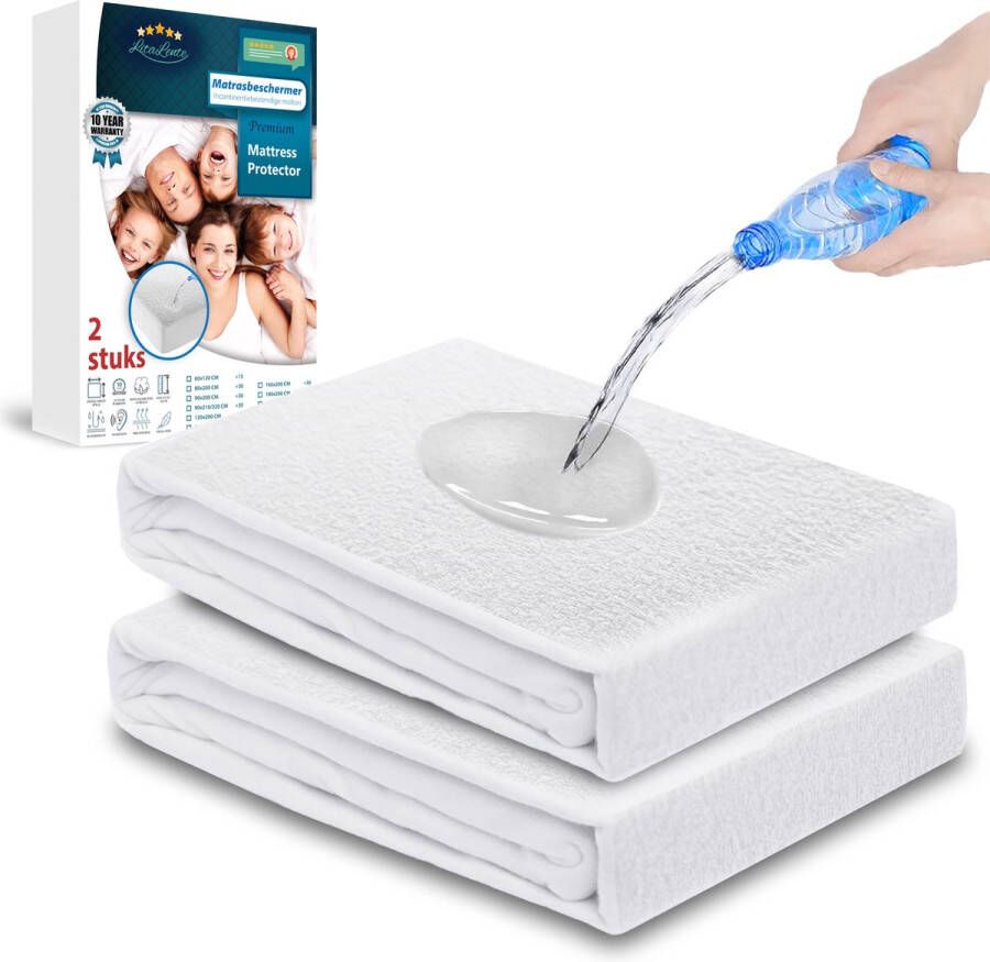 Litalente Matrasbeschermers Waterdichte Matrasbeschermer (set van 2) 200x200 cm Hoeslakenbadstof Matrasbeschermhoezen Antibacteriëel Rondom Elastiek Wit Waterdichte Matras Beschermer Incontinentie Matrasbeschermer 200 x 200 cm