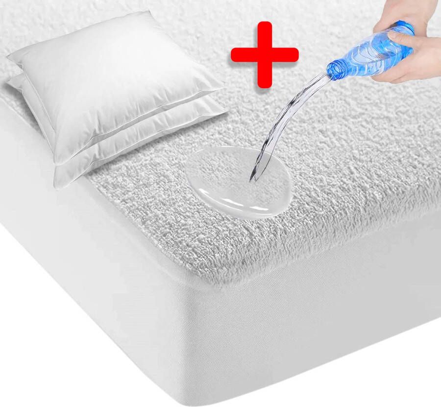 Litalente Waterdichte Matrasbeschermer 180 x 210 cm met 2 Waterdichte kussenslopen 60x70 Hoeslakenbadstof Antibacteriëel Rondom Elastiek Wit Waterdichte Matras Beschermer Incontinentie Matrasbeschermer molton 180cm x 210 cm