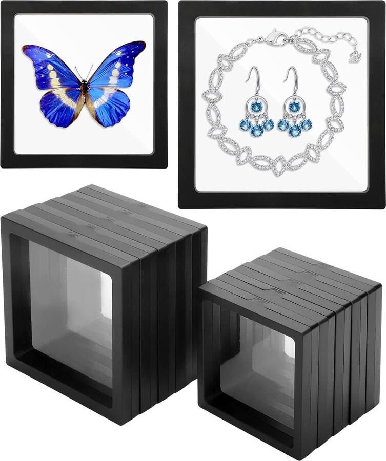 LitaLife Zweefraam 7 x 7 cm (4 stuks) zwart flexibel 3D floating frame met klemsluiting 3D zwevende frame-displaystandaard transparante PE zwevende vitrine ophangframe voor sieradenopbergdoos