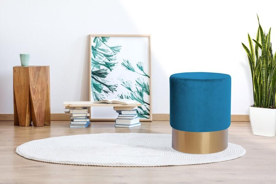 Kayoom Hocker Nano 110 hocker in stijlvol ontwerp ronde vorm met metalen voet Goudkleurige accenten met onderhoudsvriendelijke stofbekleding ronde vorm (1 stuk)