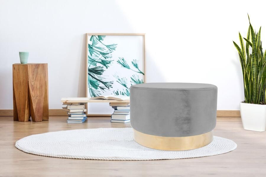 Kayoom Hocker Nano 510 hocker in stijlvol ontwerp zachte schuimzitting Goudkleurige accenten met onderhoudsvriendelijke stofbekleding grote ronde vorm (1 stuk)