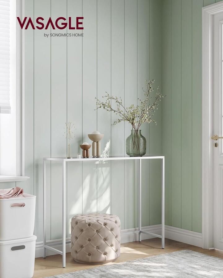 Little Stuff Consoletafel bijzettafel tafelblad van gehard glas moderne tafel voor naast de bank gemakkelijk in elkaar te zetten verstelbare poten voor woonkamer hal parelwit en leigrijs