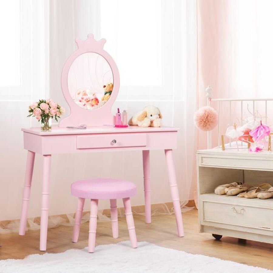 Little Stuff Kinderkaptafelset Kinderkaptafel Make-uptafel met Kruk en Verwijderbare Spiegel Make-up Kaptafel Roze