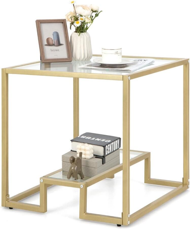 Little Stuff Koffietafel met Glazen Tafelblad Metalen Frame Vierkante Glazen Tafel Woonkamertafel Koffietafel voor Werkkamer 56 x 56 x 56 5 cm