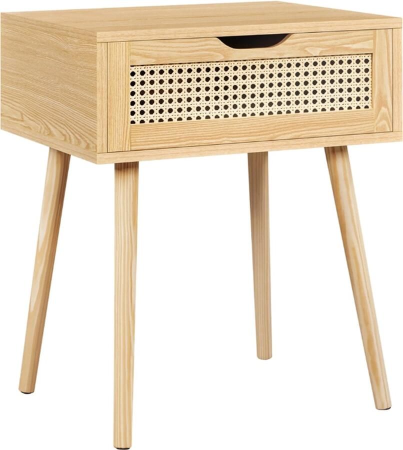Little Stuff Nachtkastje Rotan Bijzettafel met 1 Lade Houten Poten Woonkamer Slaapkamer Licht bruin naturel