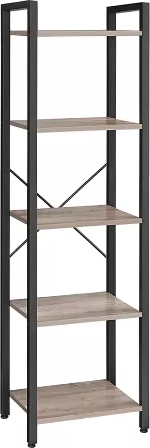 Boekenkast staand rek opbergrek met 5 niveaus industrieel ontwerp voor woonkamer kantoor studeerkamer en hal stalen frame spaanplaat greige-zwart LLS100B02