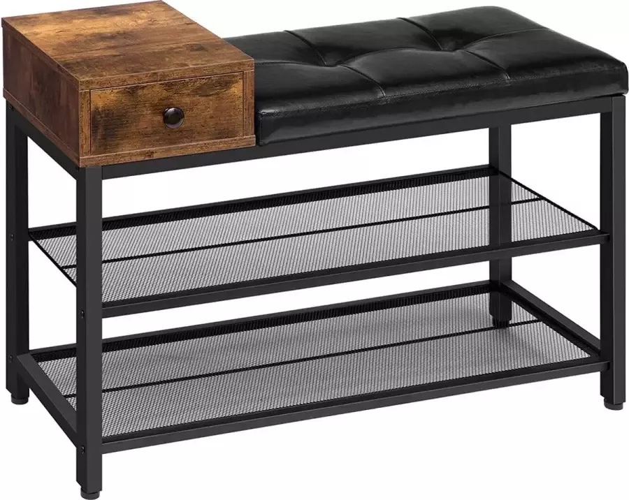 Schoenenrek met zitvlak zitbank met zacht kussen en lade metalen frame ruimtebesparend voor ingang vintage bruin-zwart-Schoenenkasten