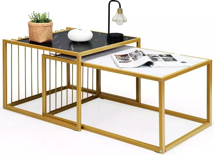 Set van 2 stapelbare salontafels bijzettafel set waterdicht gemarmerde tafelblad gemakkelijke montage vrije combinatie industrieel ontwerp ideaal voor kleine ruimten