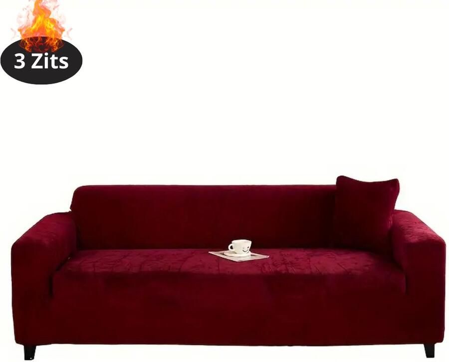 Nivard Bankhoes Bankbeschermer Stretch Sofa Cover Pluche Bordeauxrood 3 Zits