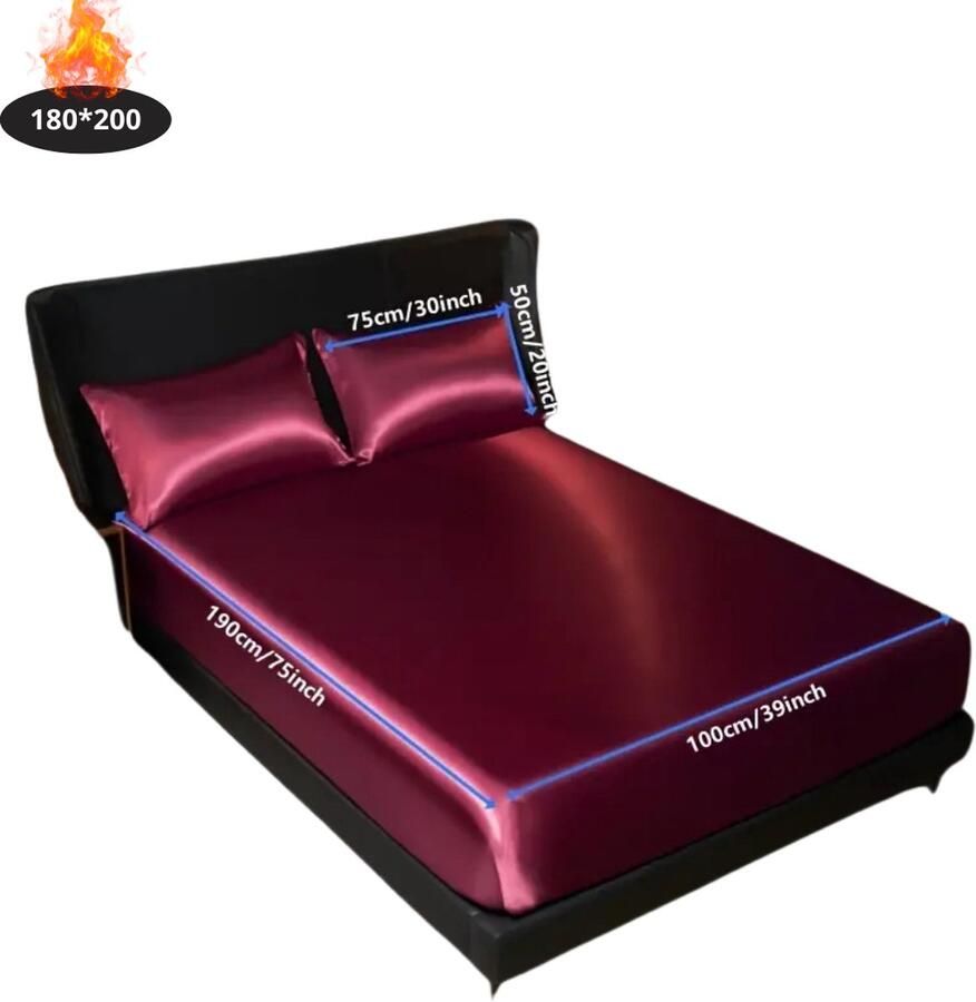 Livano Satijnen Hoeslaken Set Inclusief Kussensloop 2 Delige Set Beddengoed Fitted Sheet Pillow Case Bed Bordeauxrood 180x200