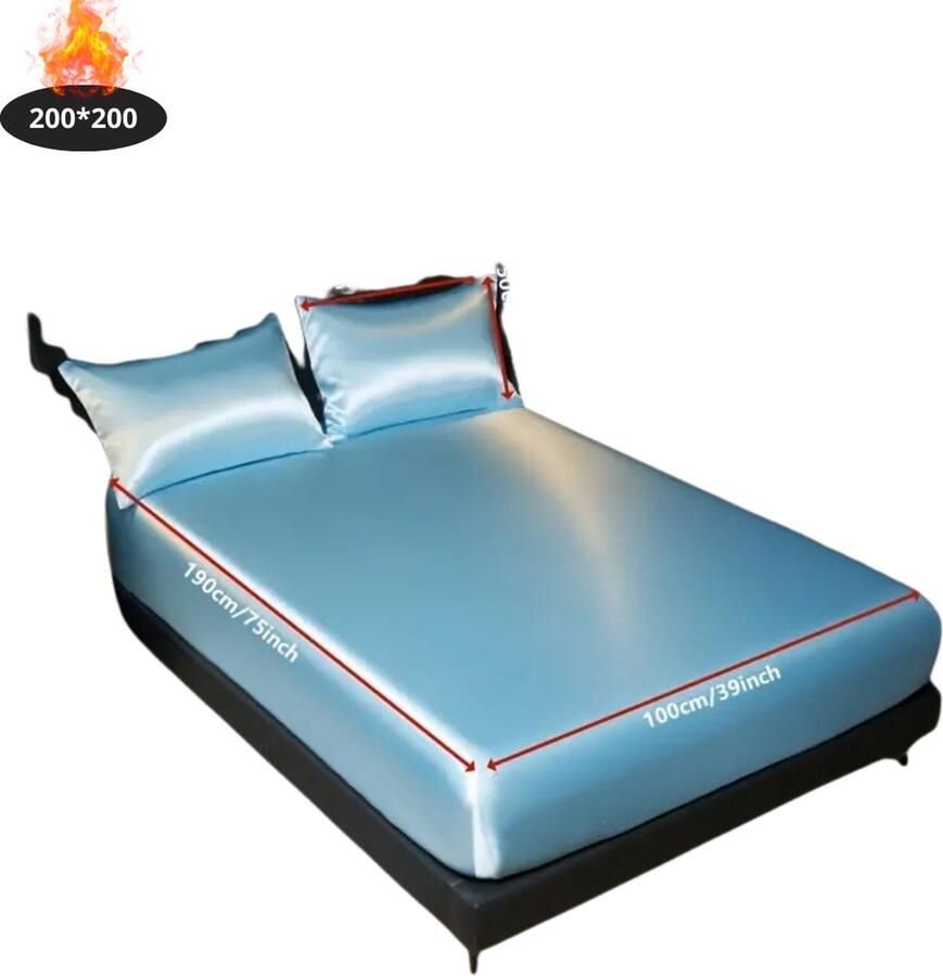 Livano Satijnen Hoeslaken Set Inclusief Kussensloop 2 Delige Set Beddengoed Fitted Sheet Pillow Case Bed Lichtblauw 200x200