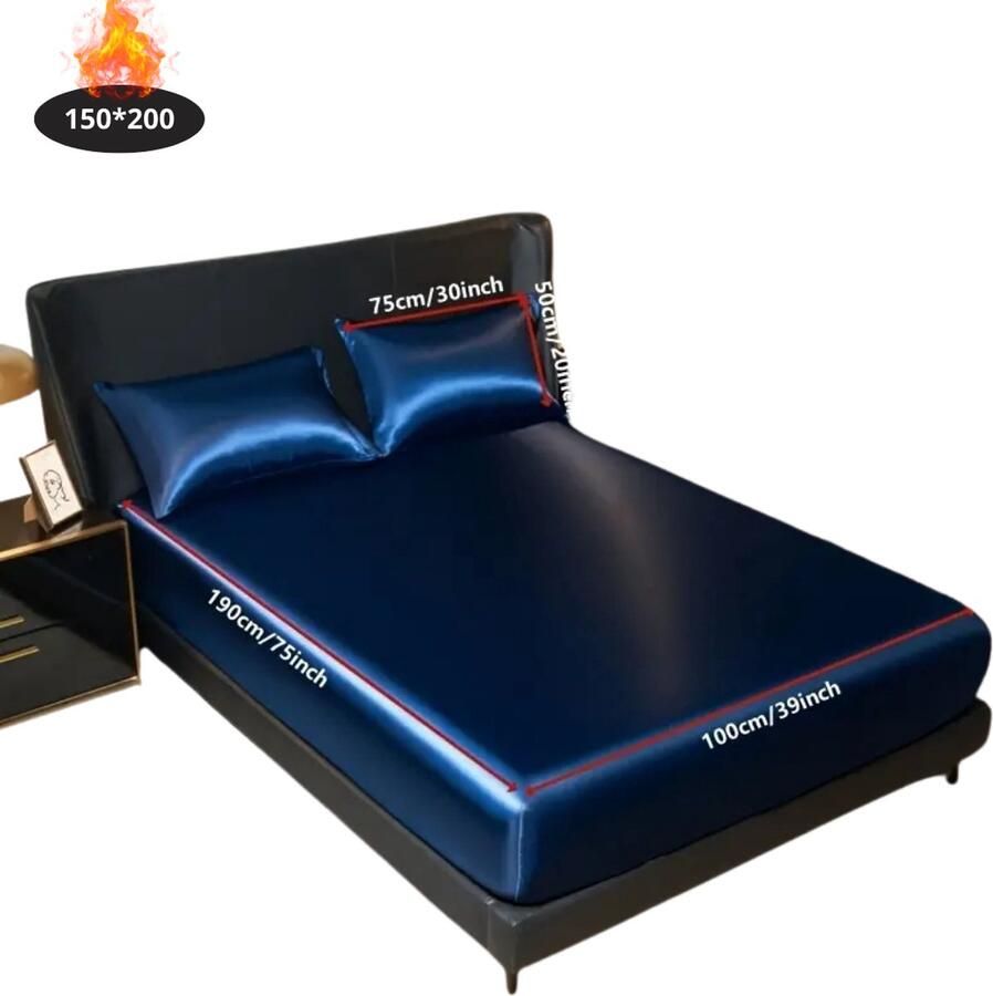 Livano Satijnen Hoeslaken Set Inclusief Kussensloop 2 Delige Set Beddengoed Fitted Sheet Pillow Case Bed Marineblauw 150x200