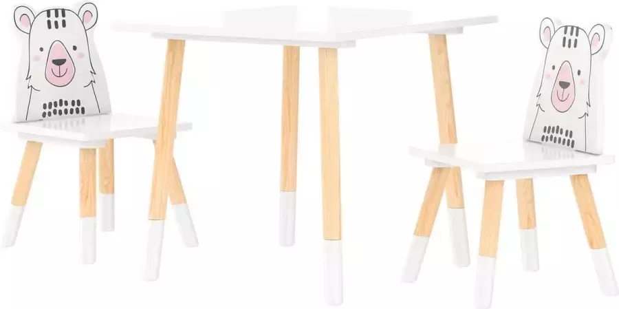 Livarno home Kindertafel met 2 Stoelen Biedt ruimte om te spelen verven of knutselen Aanbevolen leeftijd: 3-6 jaar Afmetingen: 59 x 50 x 48 cm (tafel) 28 x 28 x 49 cm (per stoel) 3 Delig Bestaat uit 2 stoelen en 1 tafel Speeltafel