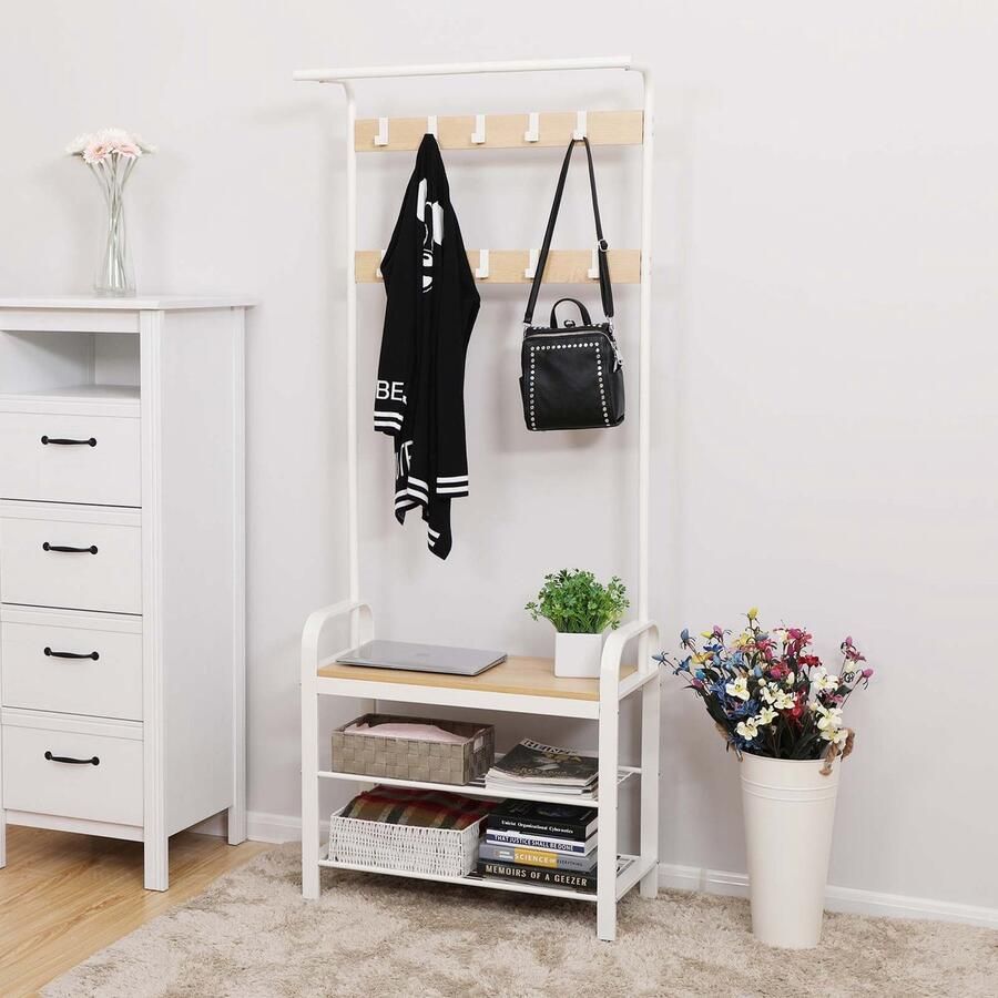 EKEO LIVILO Garderoberek met Kapstok Schoenenrek industrieel Staande 183CM hoog en 72 CM breed Wit