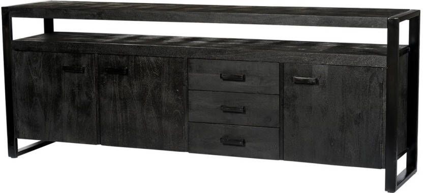 Livingfurn Dressoir Norris Mangohout en staal 210 cm Zwart