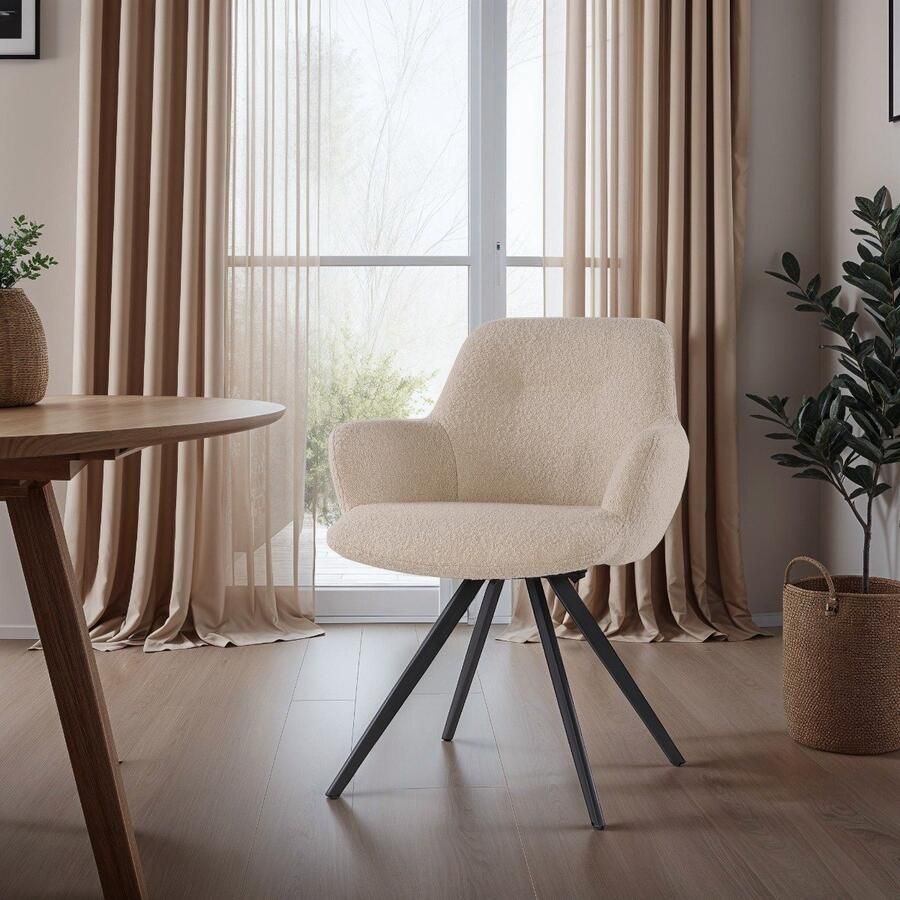 Livingfurn Eetkamerstoel Doreen Bouclé Beige Draaibaar Set van 2