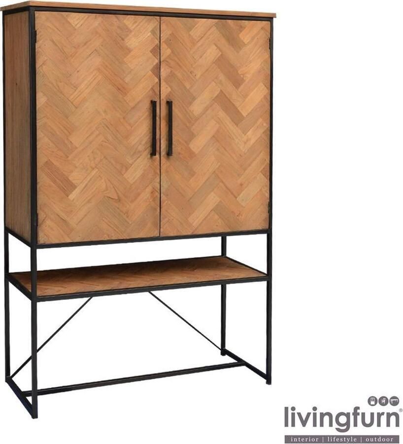 Livingfurn Opbergkast Accent Visgraat Teak en staal Hout Zwart - Foto 3