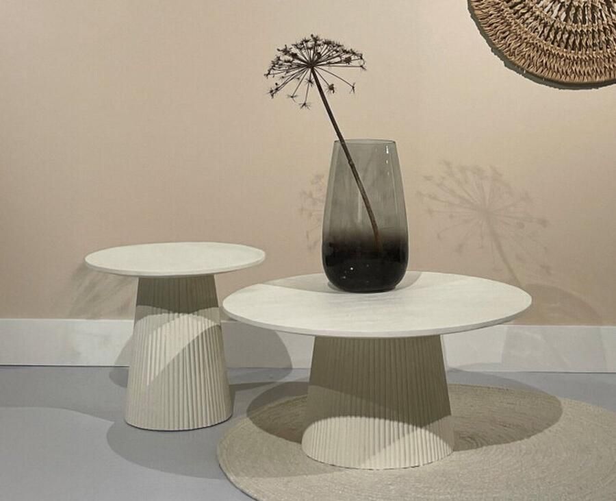 Livingfurn Salontafel set Patrice rond set van 2 mangohout 80 cm & 60 cm crême wit