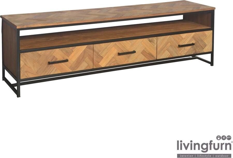 Livingfurn TV-meubel Hawaii Visgraat Teak en staal 180cm Hout