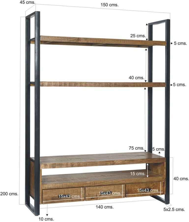 Livingfurn TV Meubel TV- Nairobi High 150 cm Mangohout Gecoat Staal