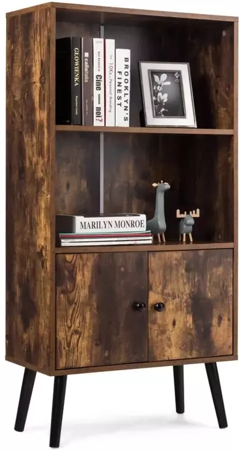 Livingsigns 2-laags retro boekenkast boekenplank met 3 compartimenten en 2 deuren industriële opbergkast met massief houten poten voor boeken decoraties perfect voor woonkamer bibliotheek kantoor bruin