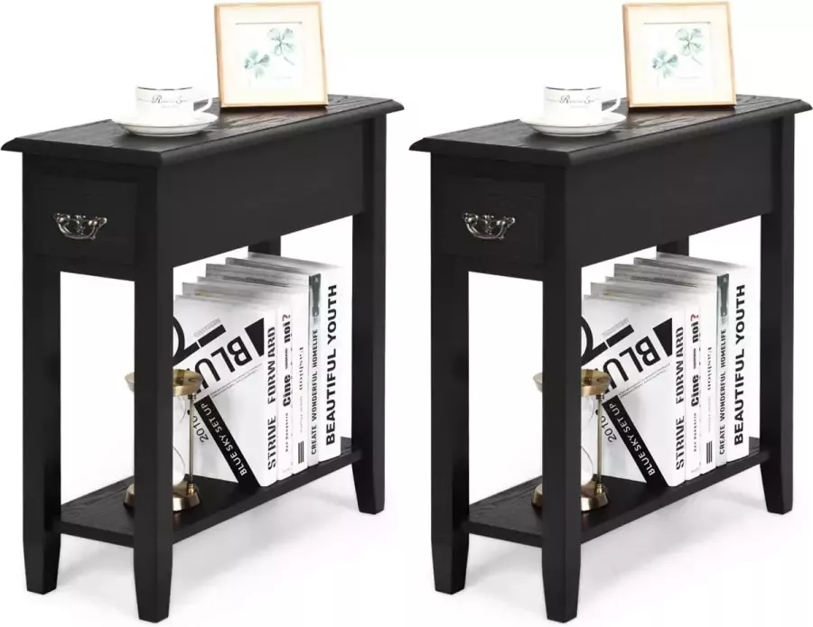 Bijzettafel set van 2 met opberglade en onderste plank nachtkastje met stevige rubberen houten poten voor kleine ruimte in slaapkamer woonkamer ingang (Zwart)